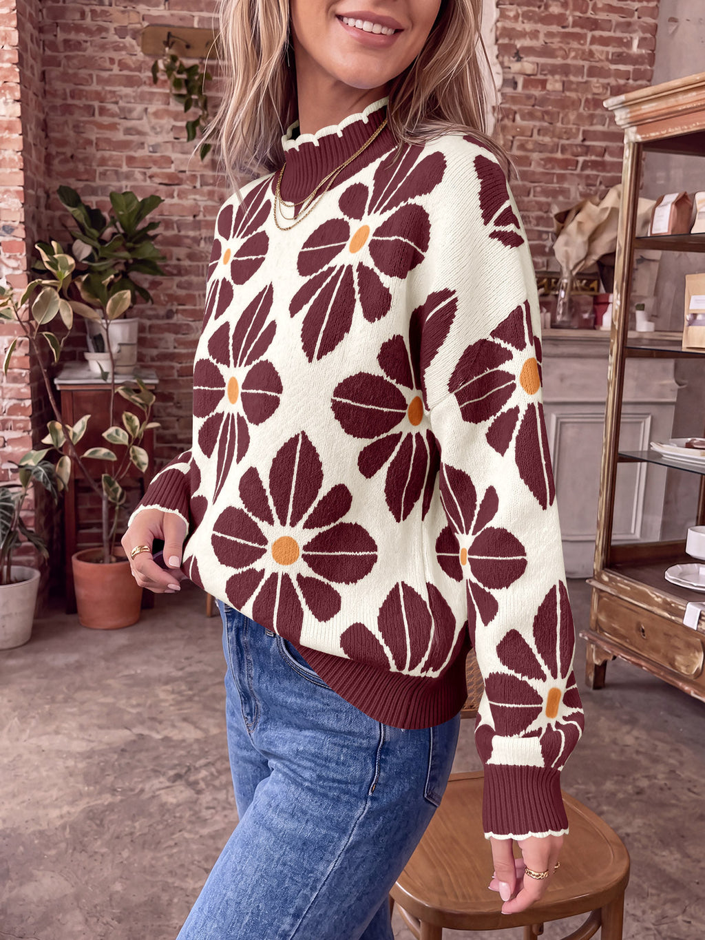 usvara Womens Mock Neck Floral Knit Sweater