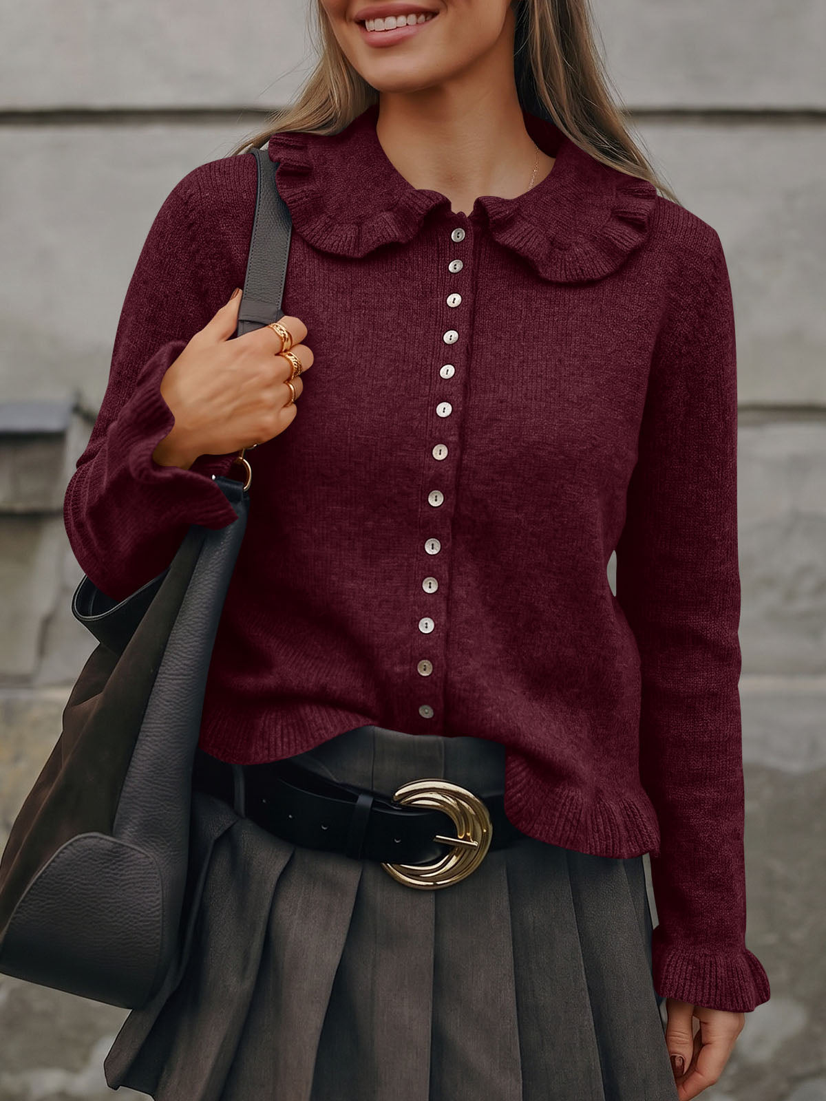usvara Womens Ruffle Button Down Cardigan