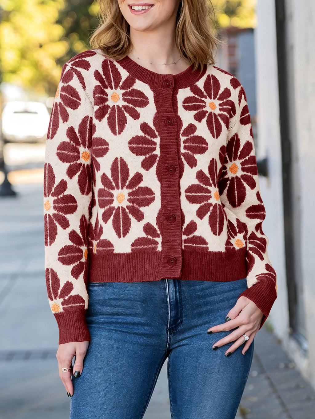 usvara Womens Floral Button Up Vintage Sweater