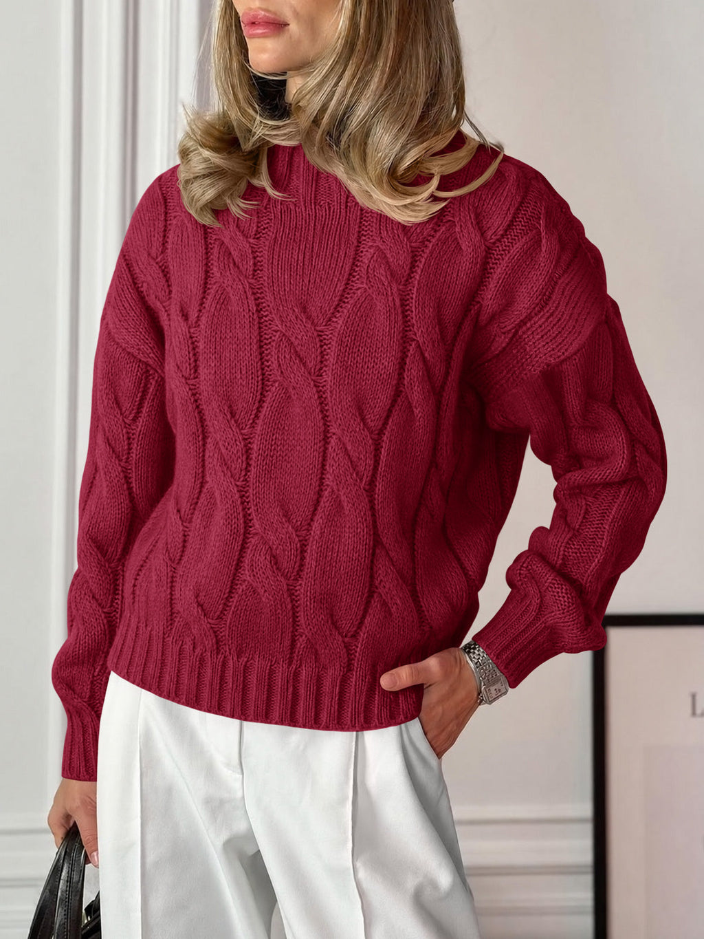 usvara Womens Mock Neck Cable Knit Sweater
