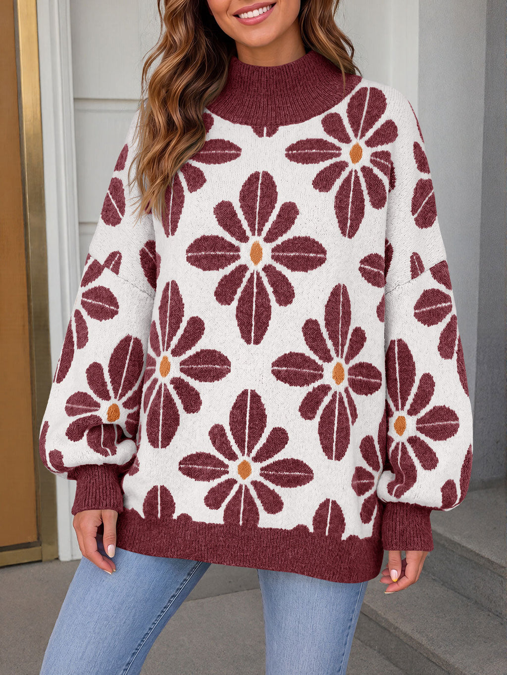 usvara Womens Floral Mock Neck Chunky Sweater