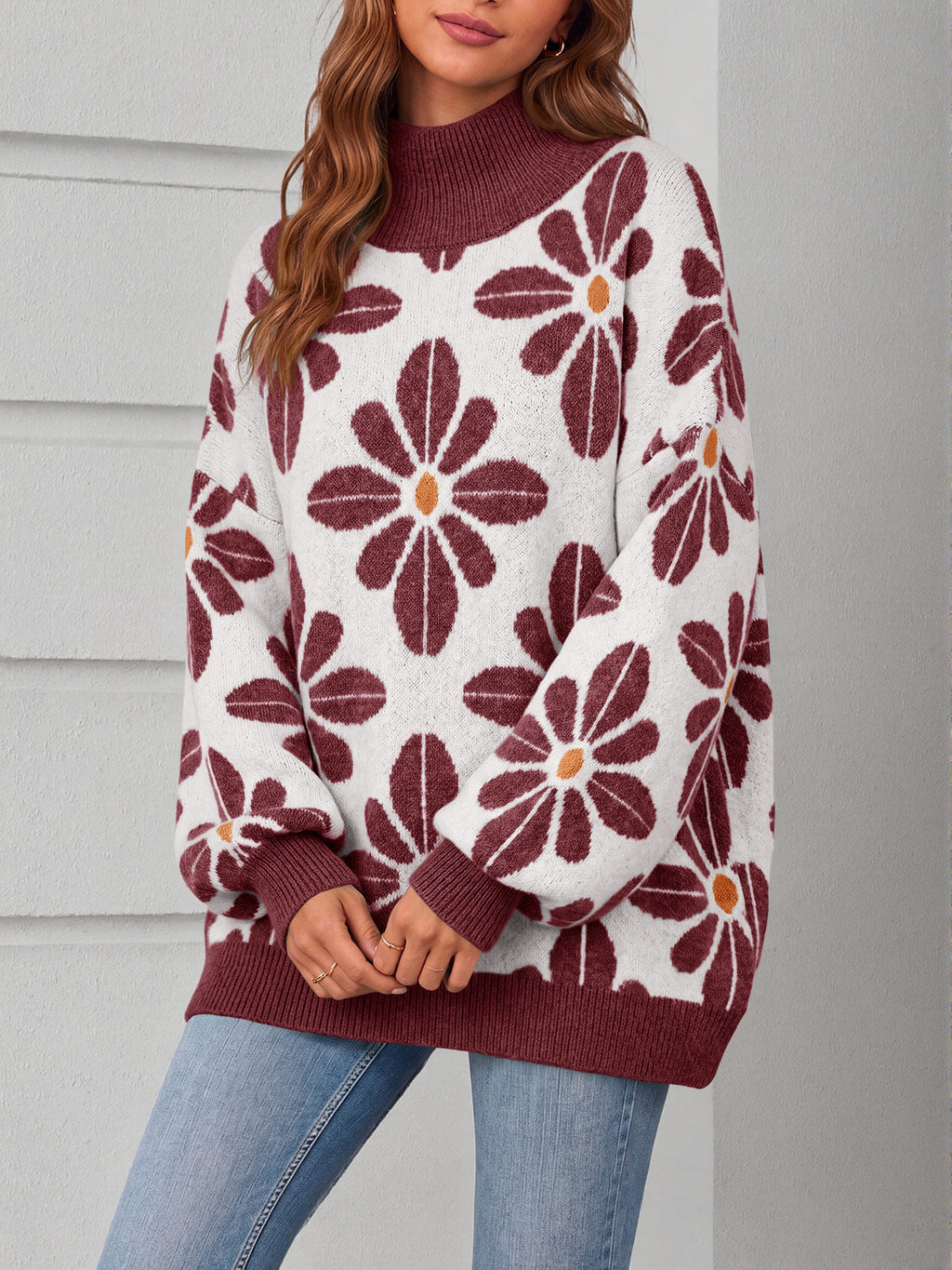 usvara Womens Floral Mock Neck Chunky Sweater