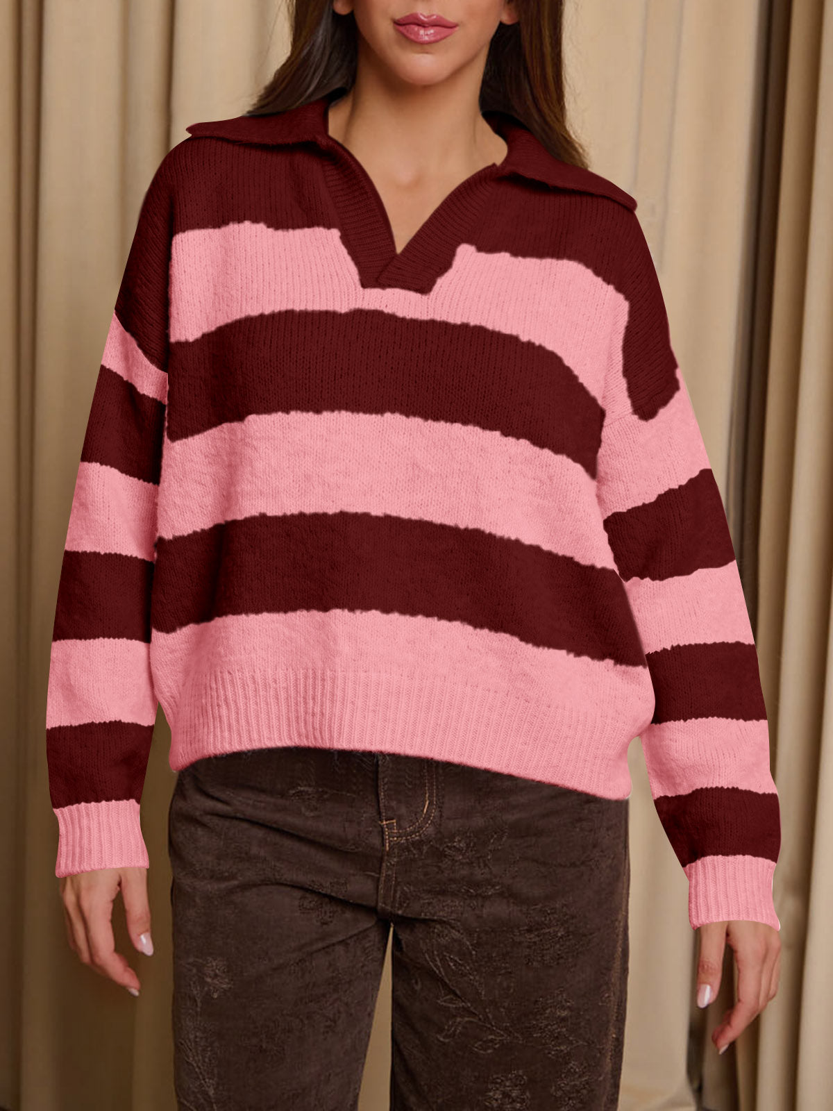 usvara Womens Striped Polo V Neck Sweaters