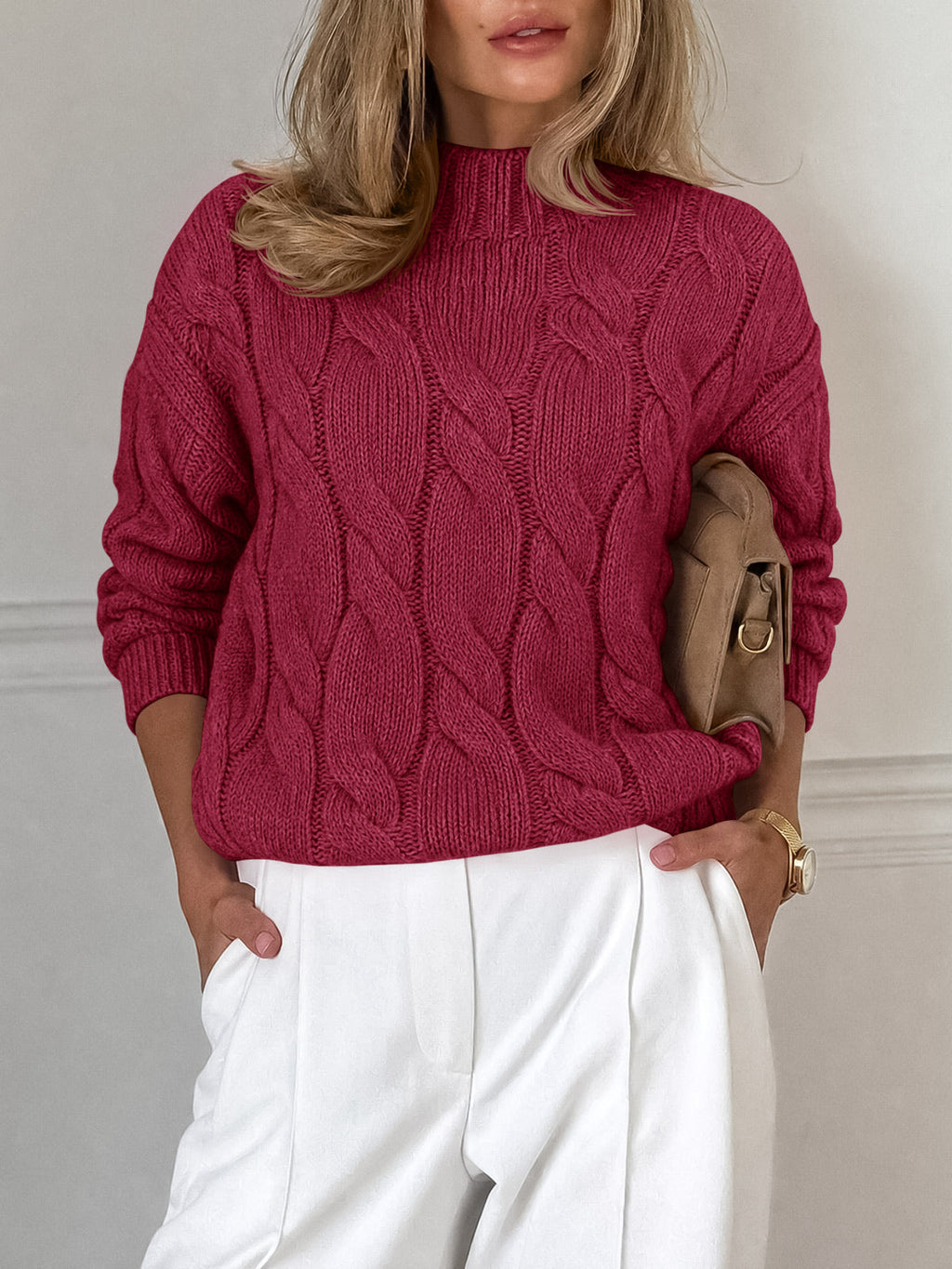 usvara Womens Mock Neck Cable Knit Sweater