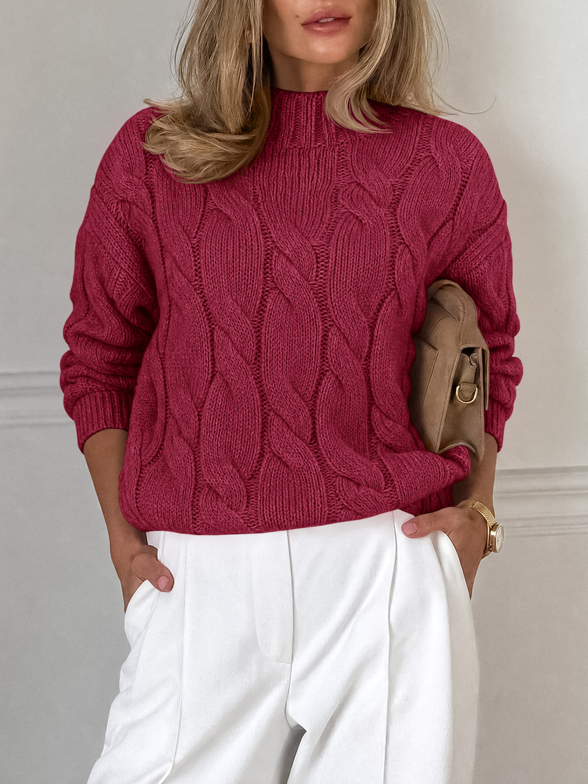 usvara Womens Mock Neck Cable Knit Sweater