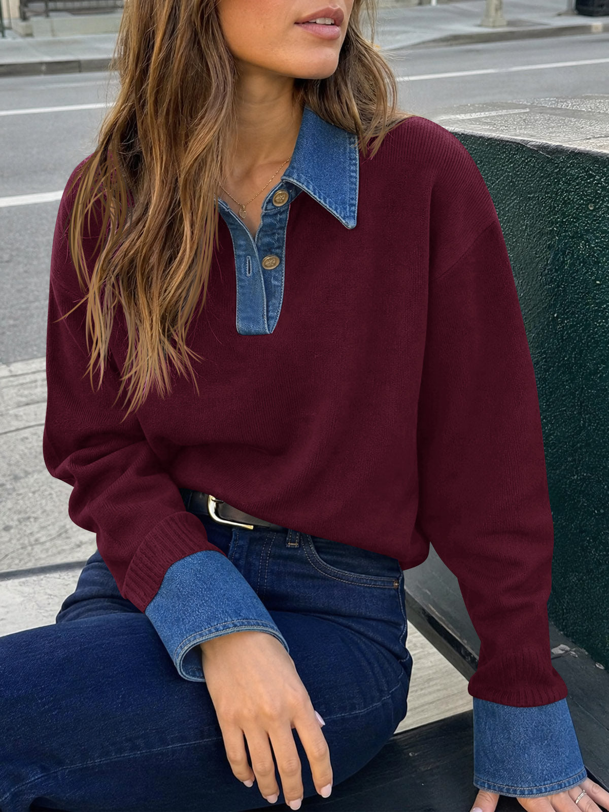 usvara Women Denim Patchwork V Neck Sweater Tops