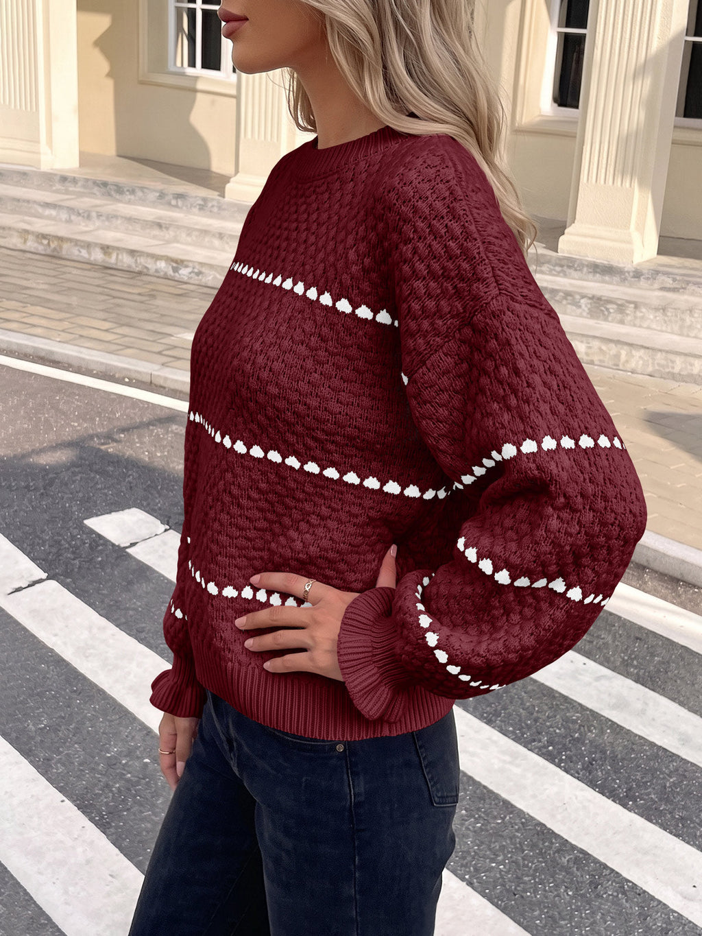 usvara Womens Heart Striped Ruffle Sweaters