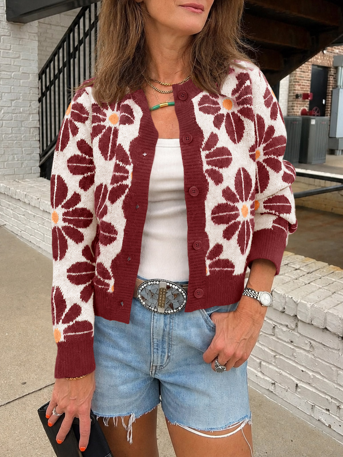 usvara Womens Floral Button Up Vintage Sweater
