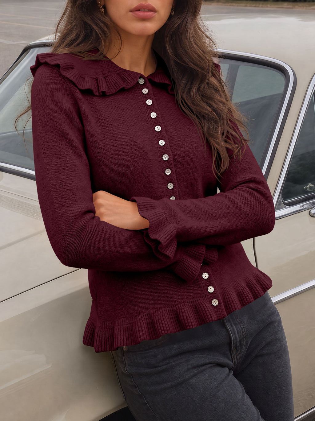 usvara Womens Ruffle Button Down Cardigan