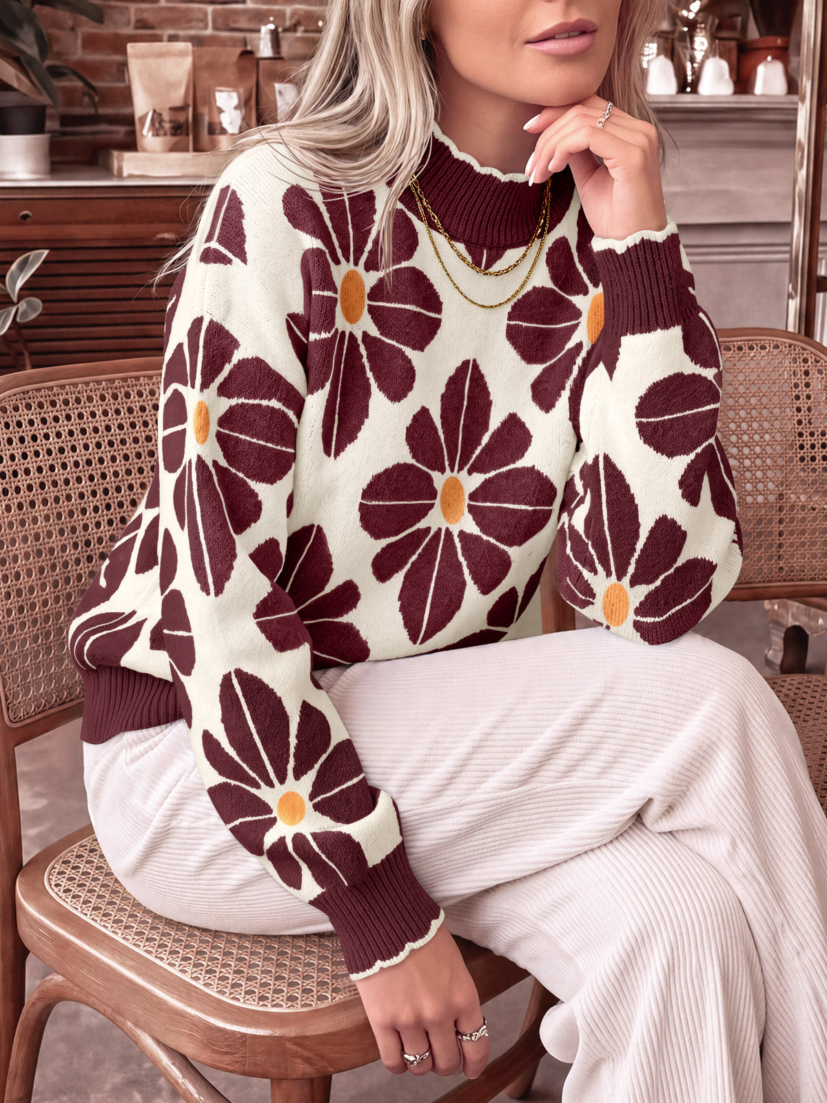 usvara Womens Mock Neck Floral Knit Sweater