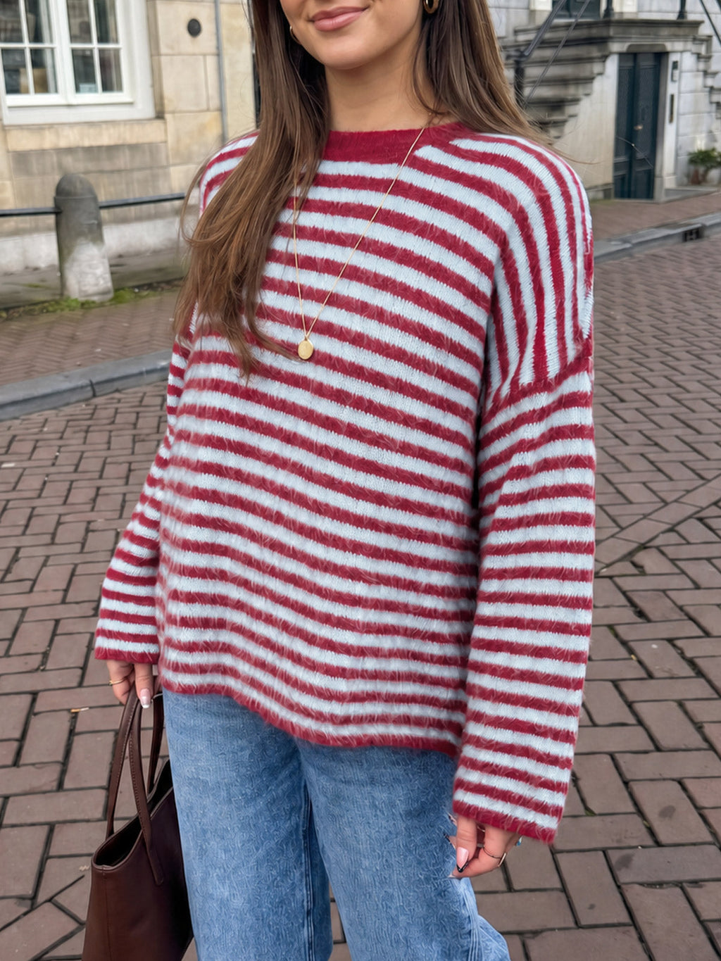 usvara Womens Fuzzy Crew Neck Striped Sweaters
