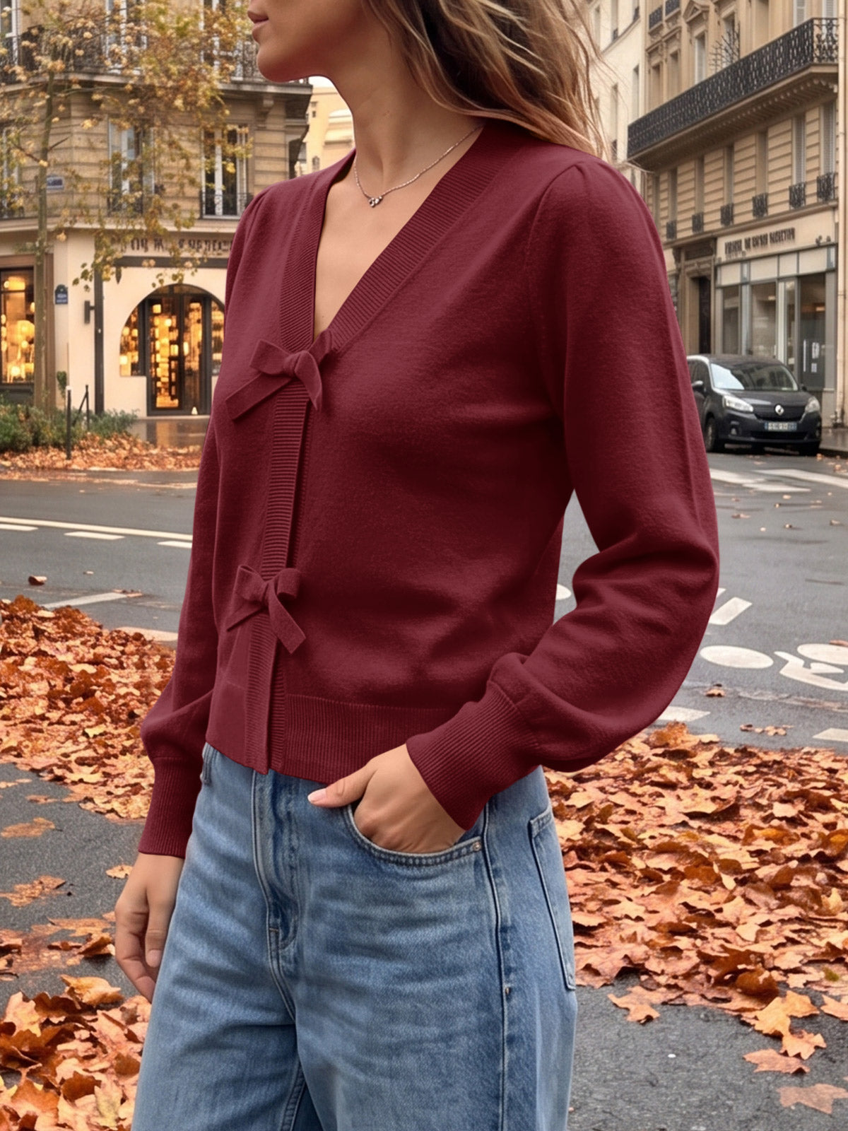 usvara Women V Neck Bow Knit Cardigan