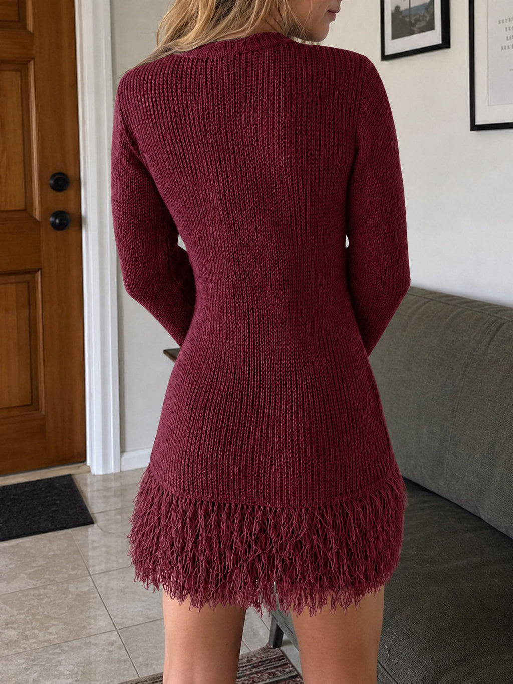 usvara Womens Fringe Waffle Knit Sweater Dress