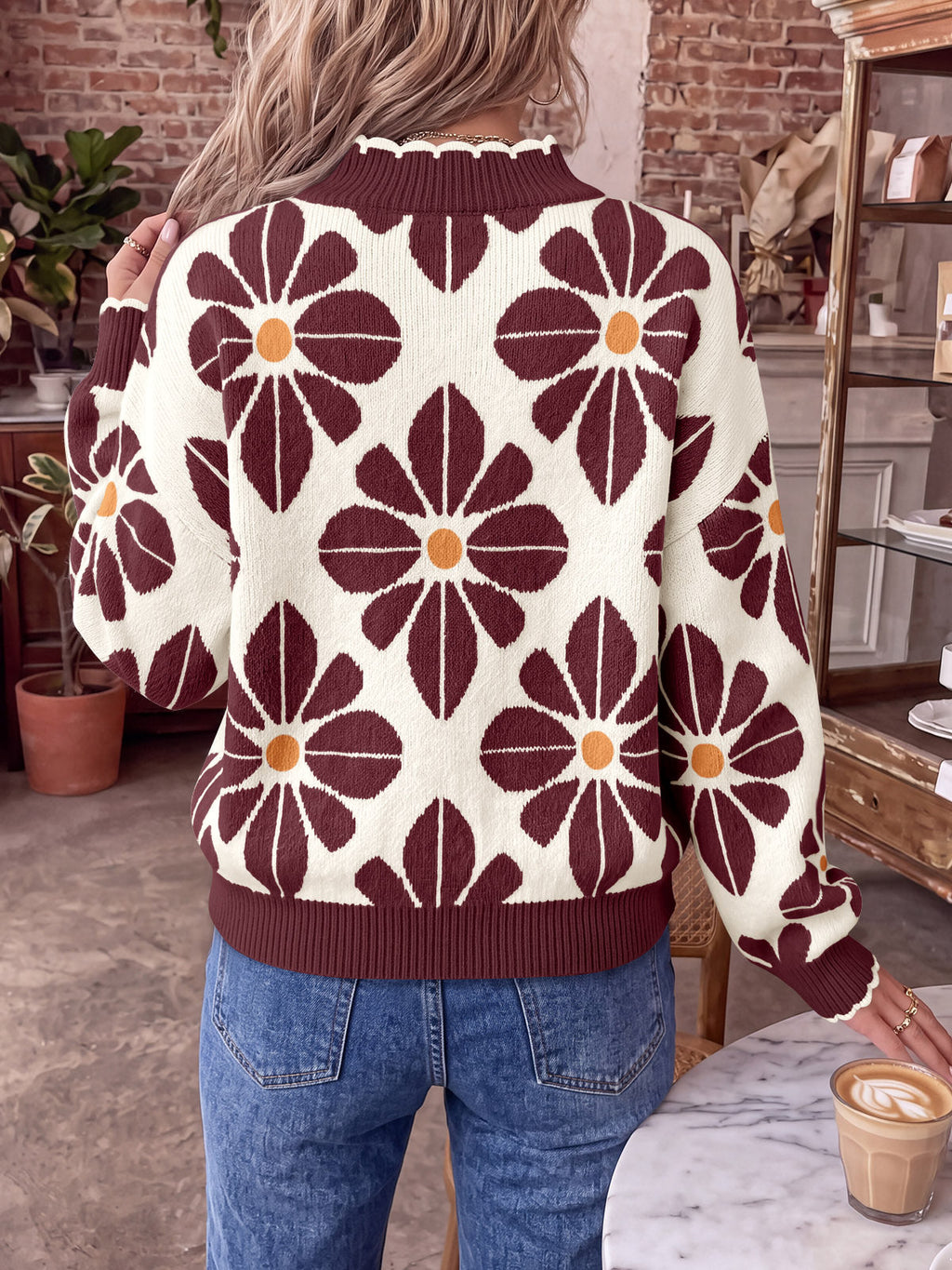 usvara Womens Mock Neck Floral Knit Sweater