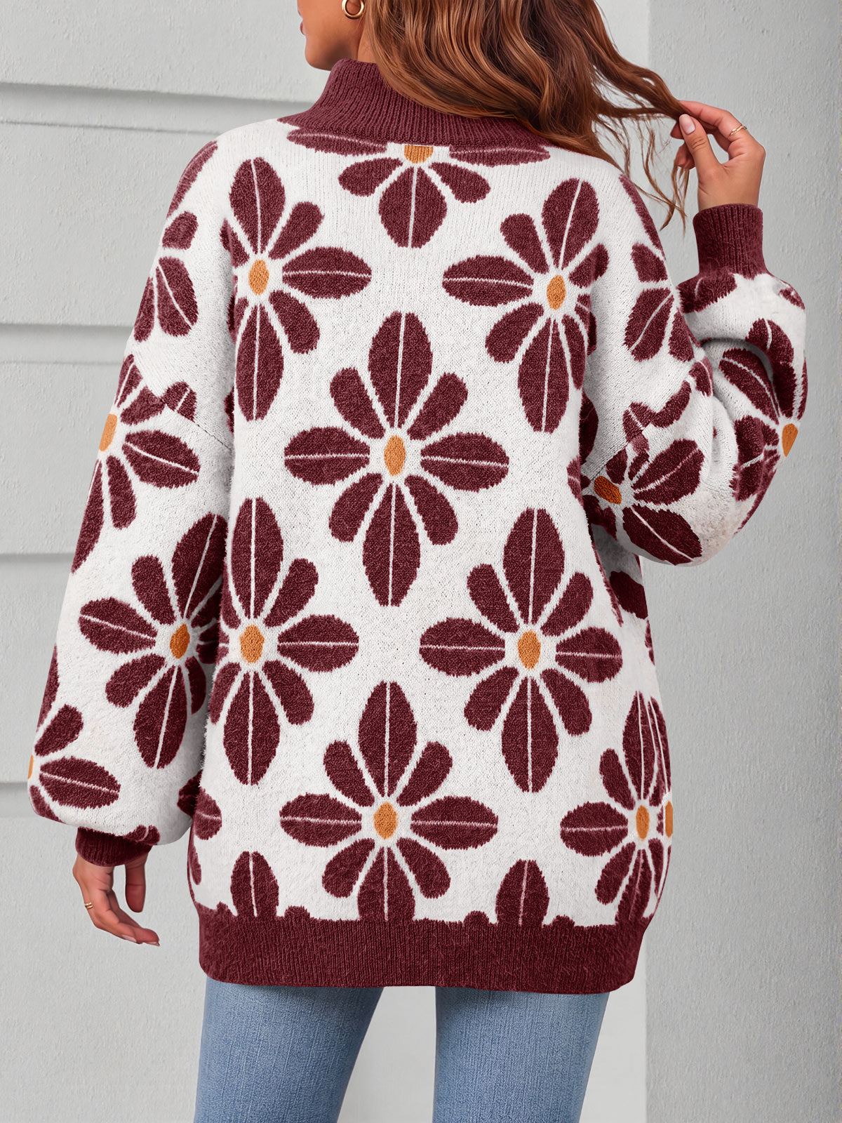 usvara Womens Floral Mock Neck Chunky Sweater