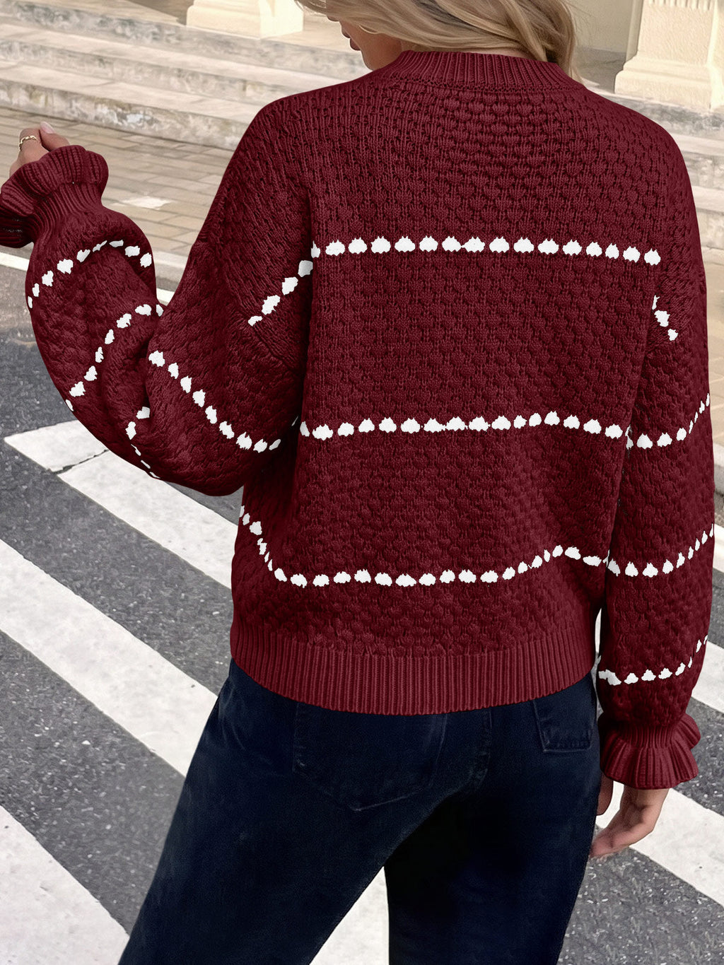 usvara Womens Heart Striped Ruffle Sweaters