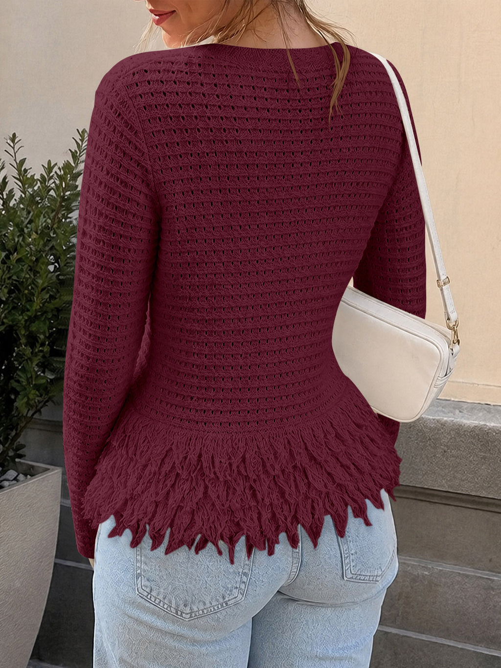 usvara Womens Crochet Fringe Crew Neck Sweater