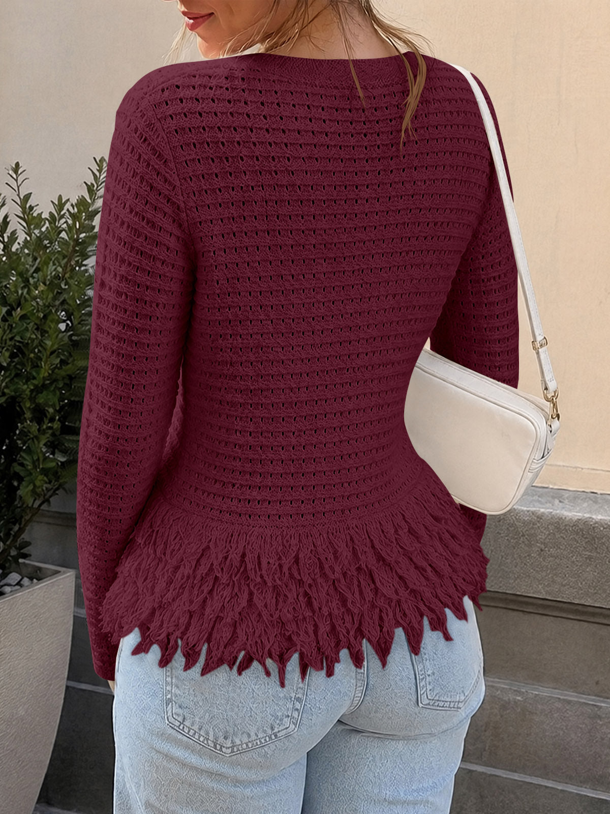 usvara Womens Crochet Fringe Crew Neck Sweater