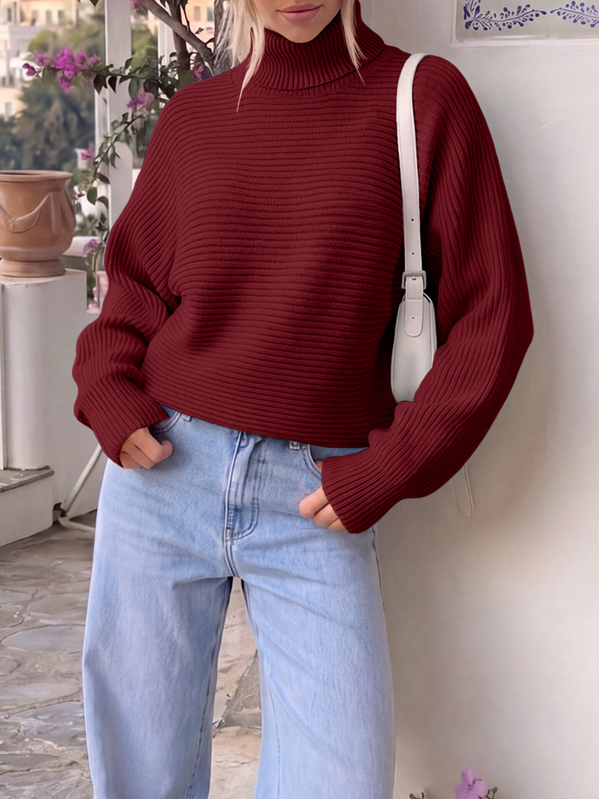 usvara Womens Batwing Sleeve Knit Turtleneck Sweater