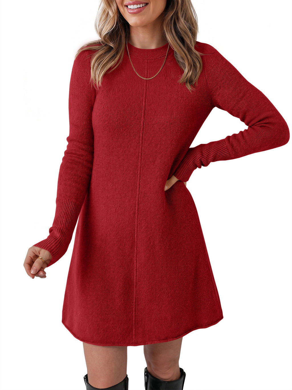 usvara Women Long Sleeve Knit Fit Flare Mini Sweater Dress