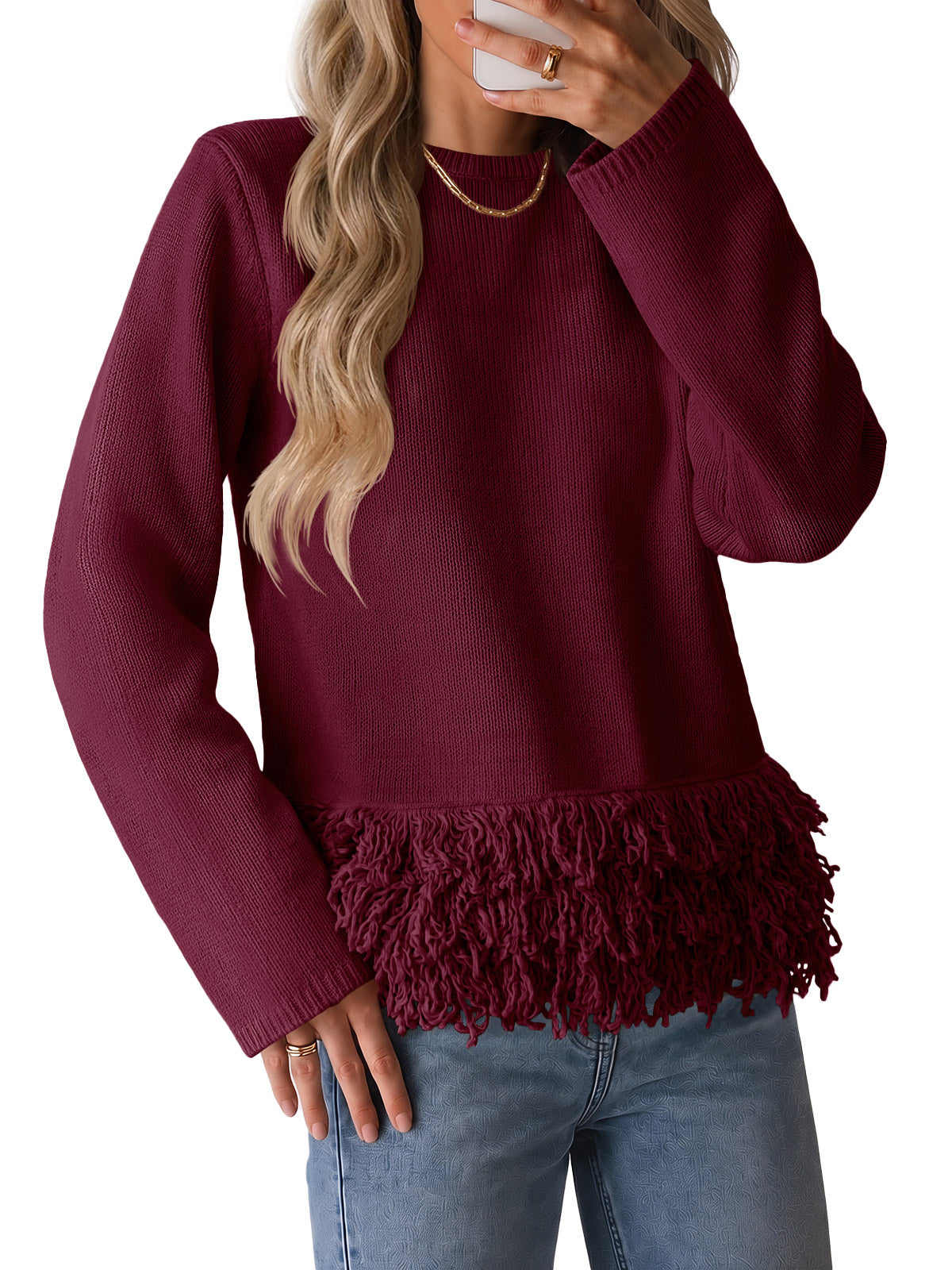 usvara Women Boho Fringe Knit Sweater