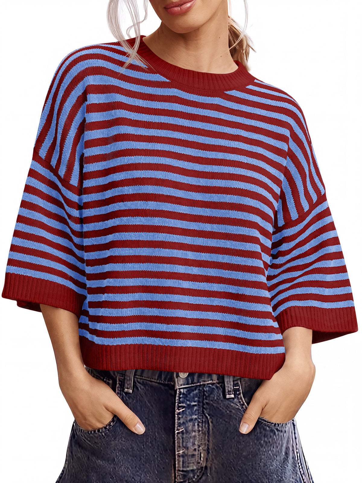 usvara Women Striped Short Sleeve Knit Top