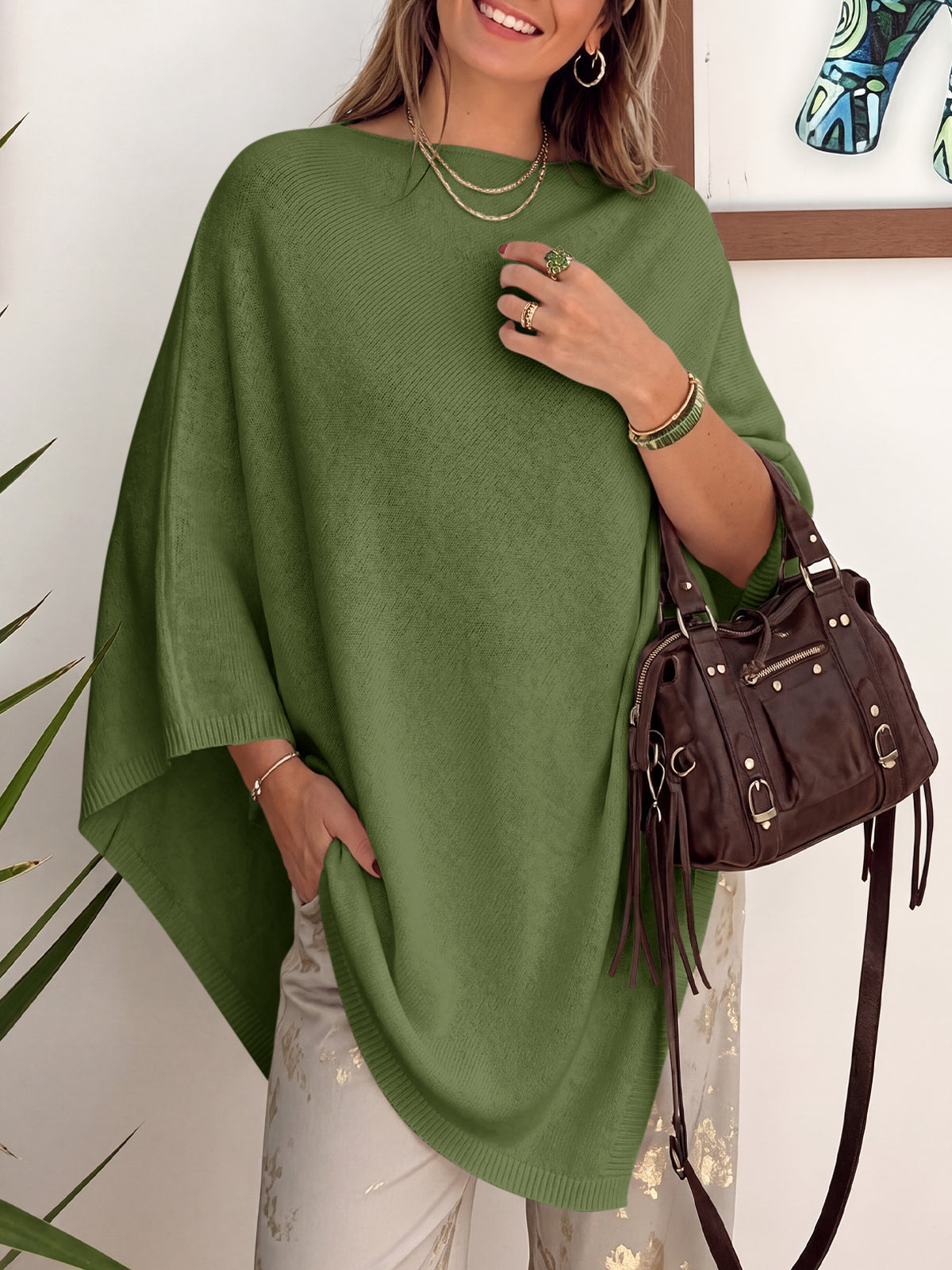 usvara Women Poncho Boat Neck Knit Sweater