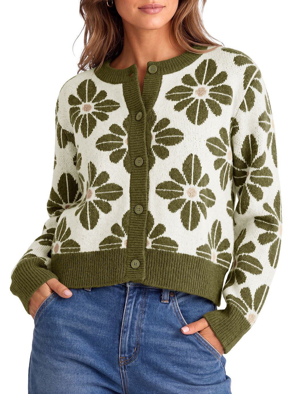 usvara Womens Floral Button Up Vintage Sweater