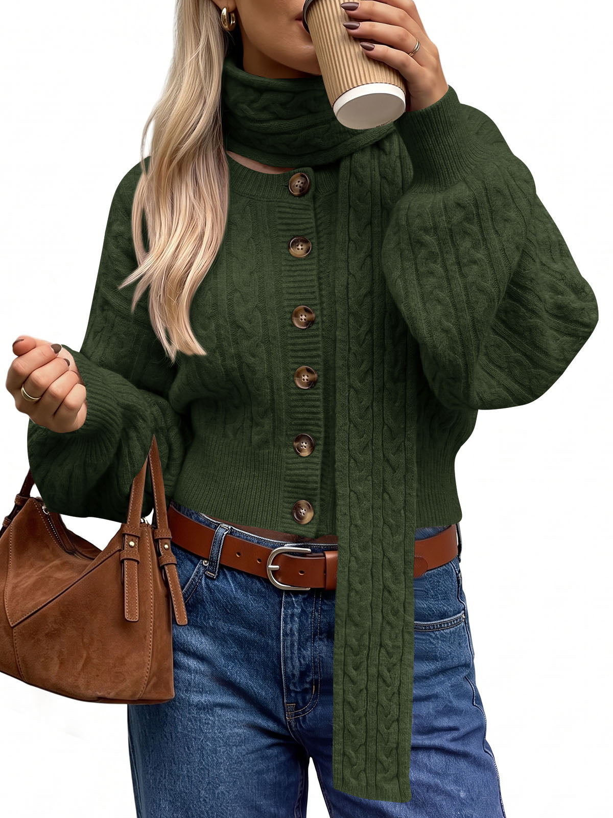 usvara Womens Cable Knit Cardigan with Scarf