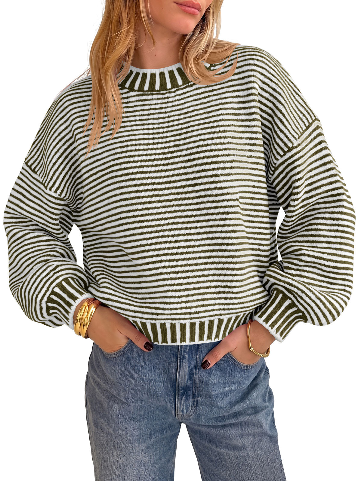 usvara Womens Striped Crew Neck Knit Sweater