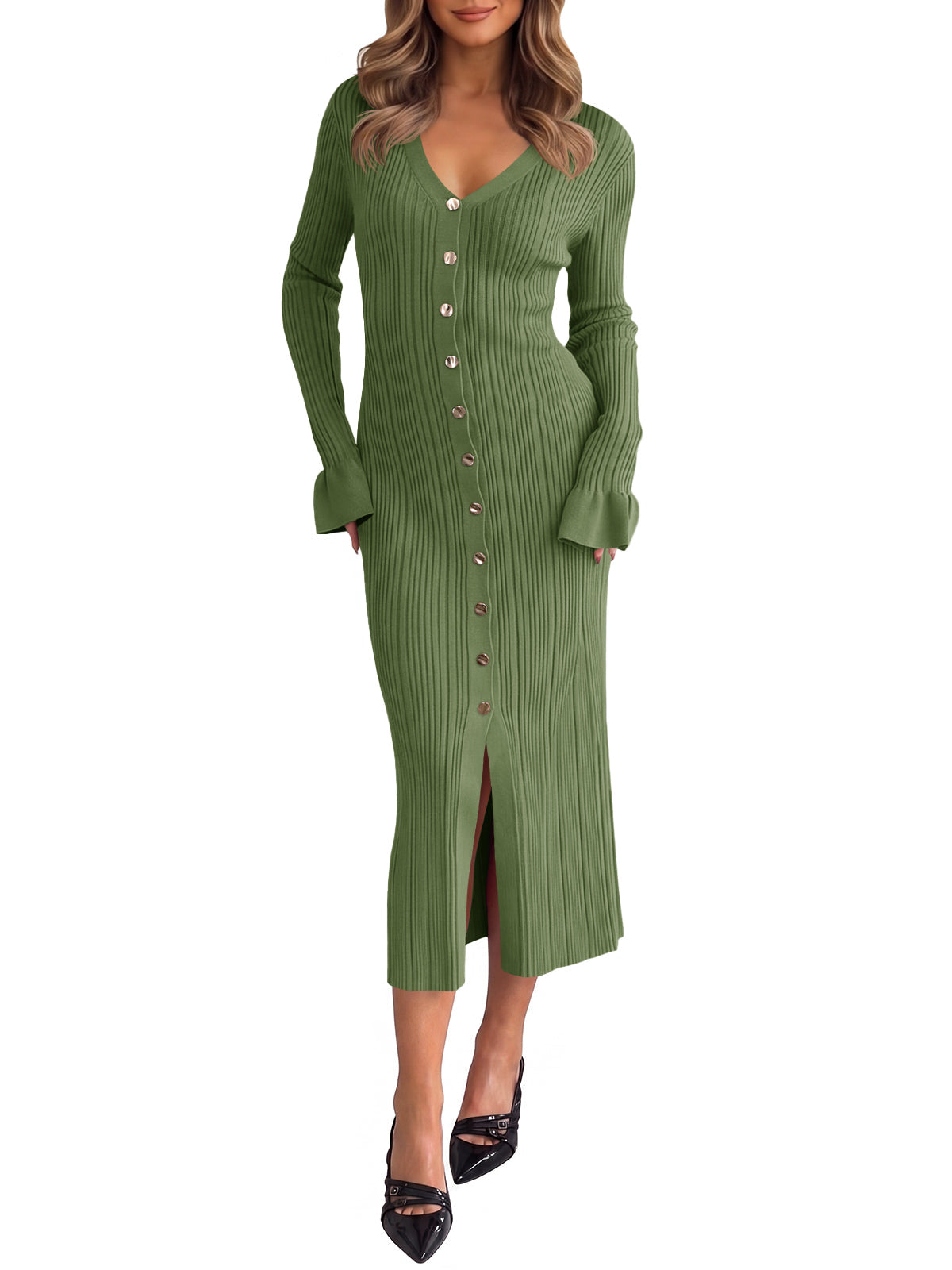 usvara Womens V Neck Midi Sweater Dress