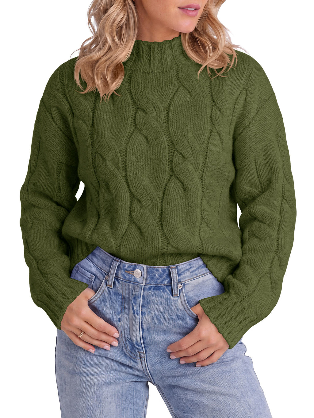 usvara Womens Mock Neck Cable Knit Sweater