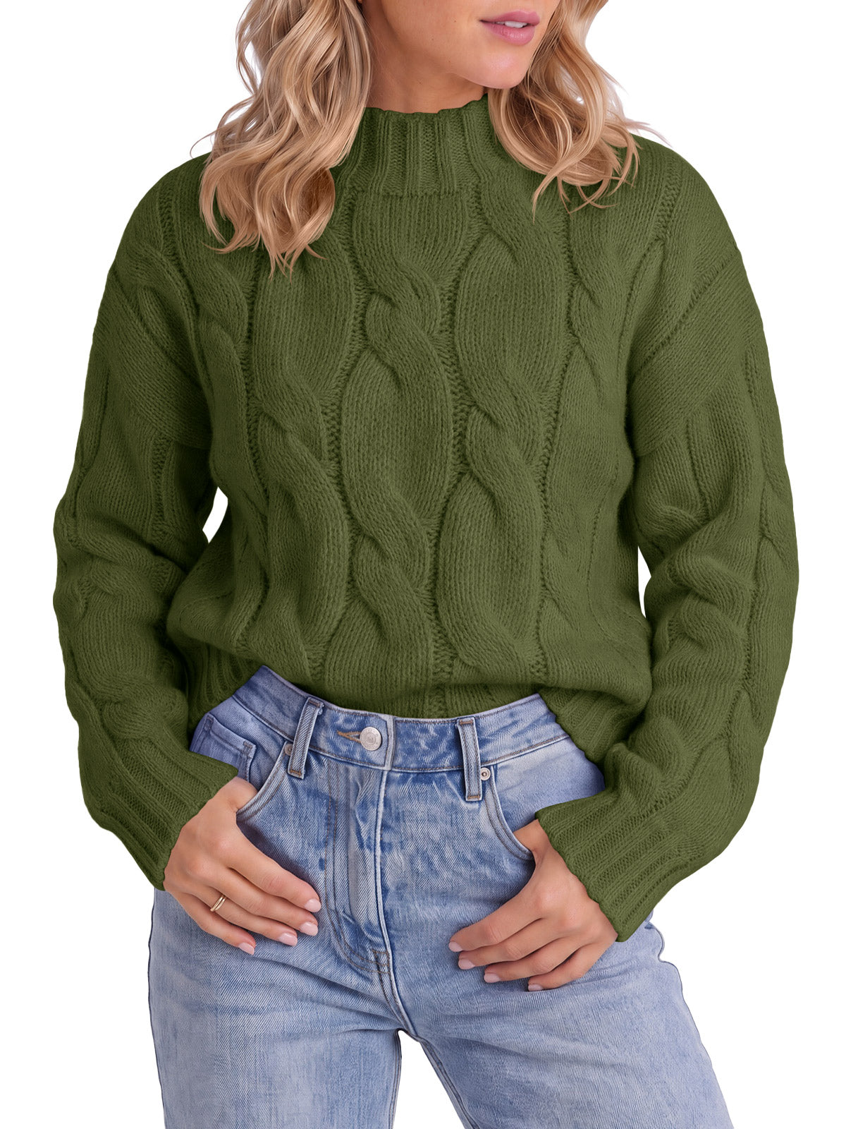 usvara Womens Mock Neck Cable Knit Sweater