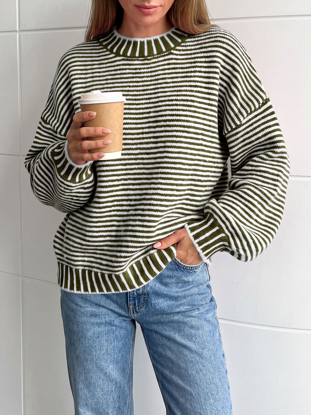 usvara Womens Striped Crew Neck Knit Sweater