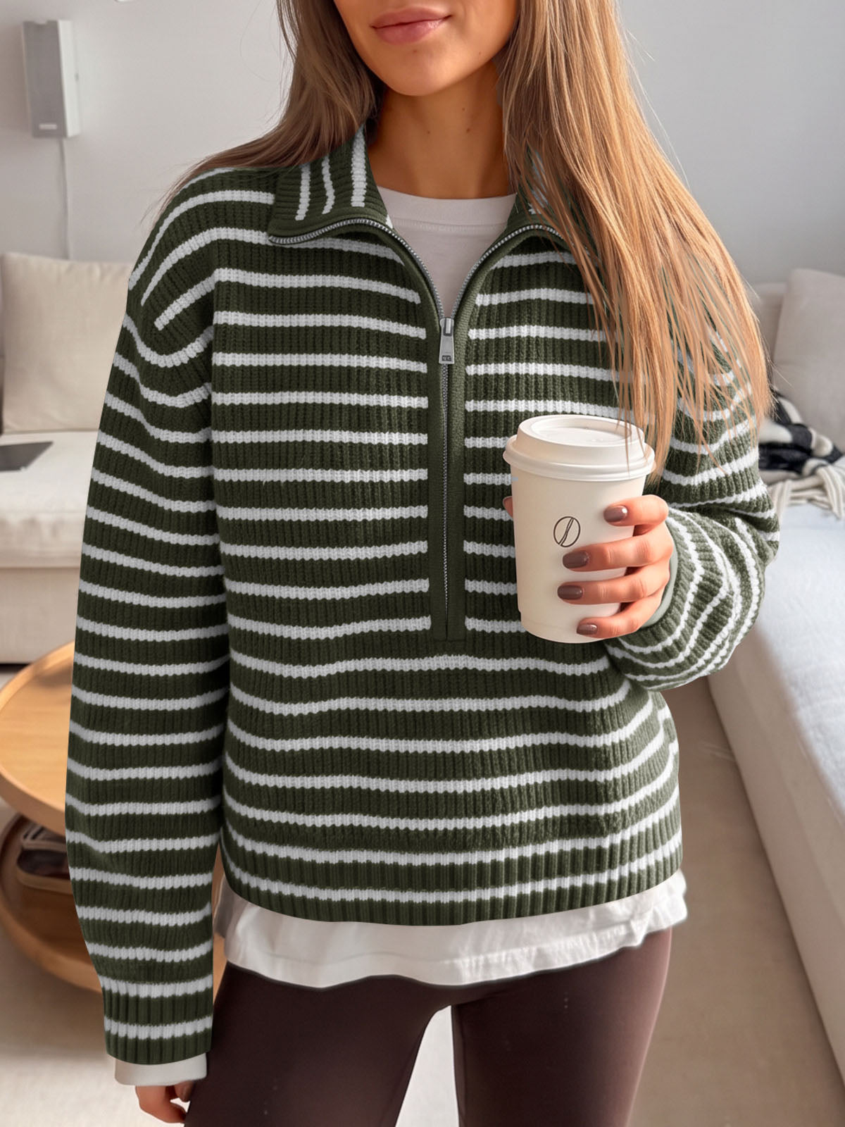 usvara Womens Striped Half Zip Sweater