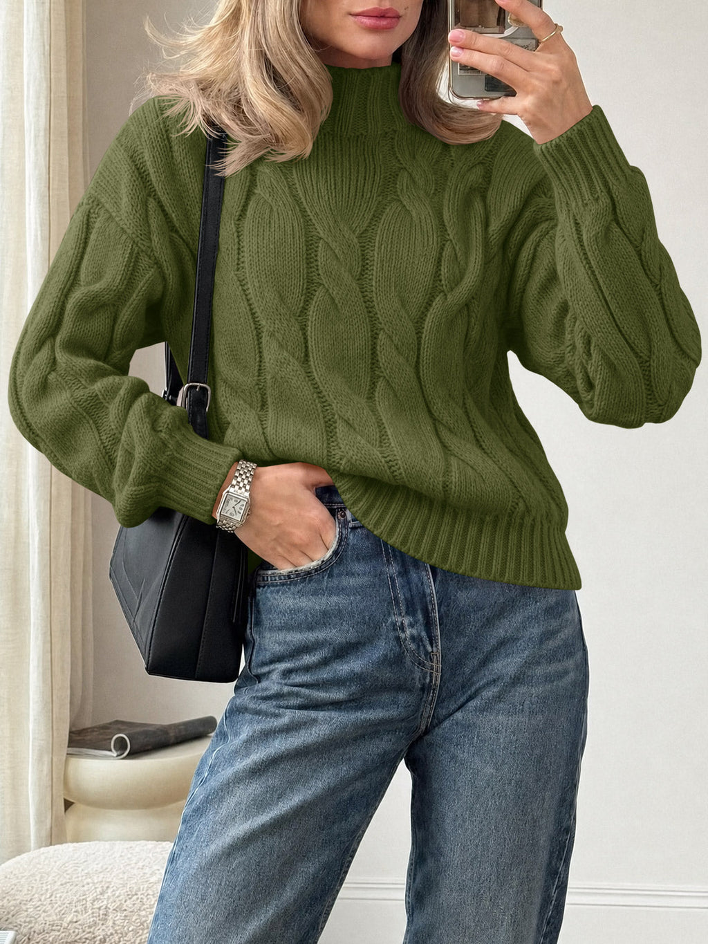 usvara Womens Mock Neck Cable Knit Sweater