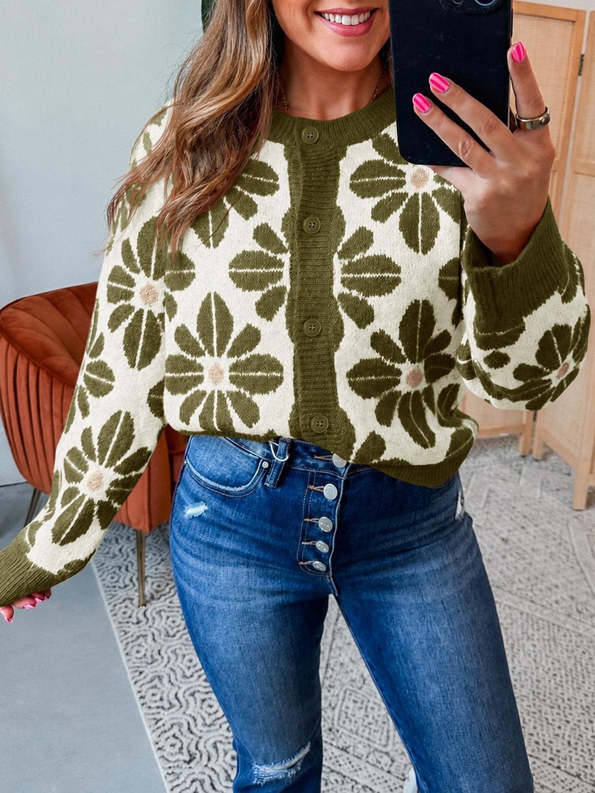 usvara Womens Floral Button Up Vintage Sweater