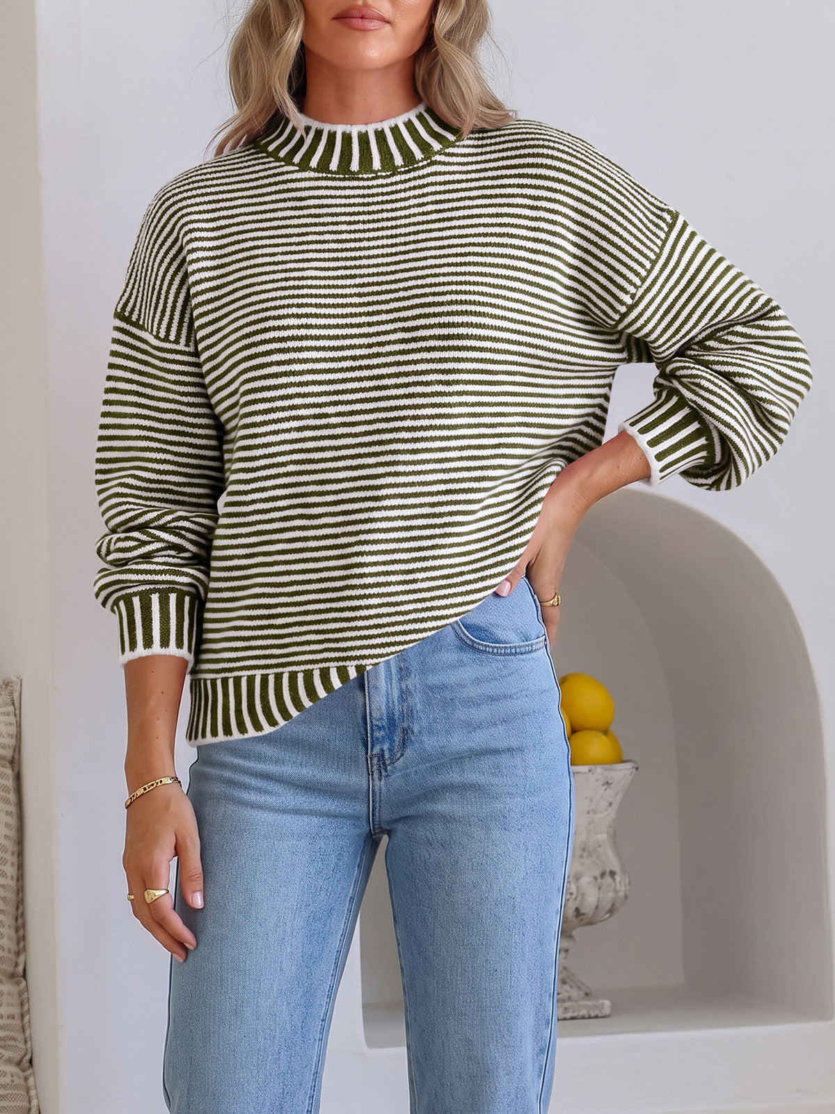 usvara Womens Striped Crew Neck Knit Sweater