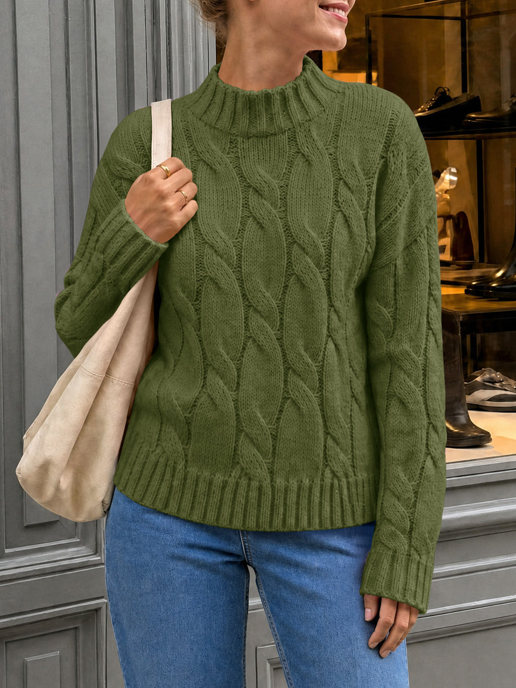usvara Womens Mock Neck Cable Knit Sweater