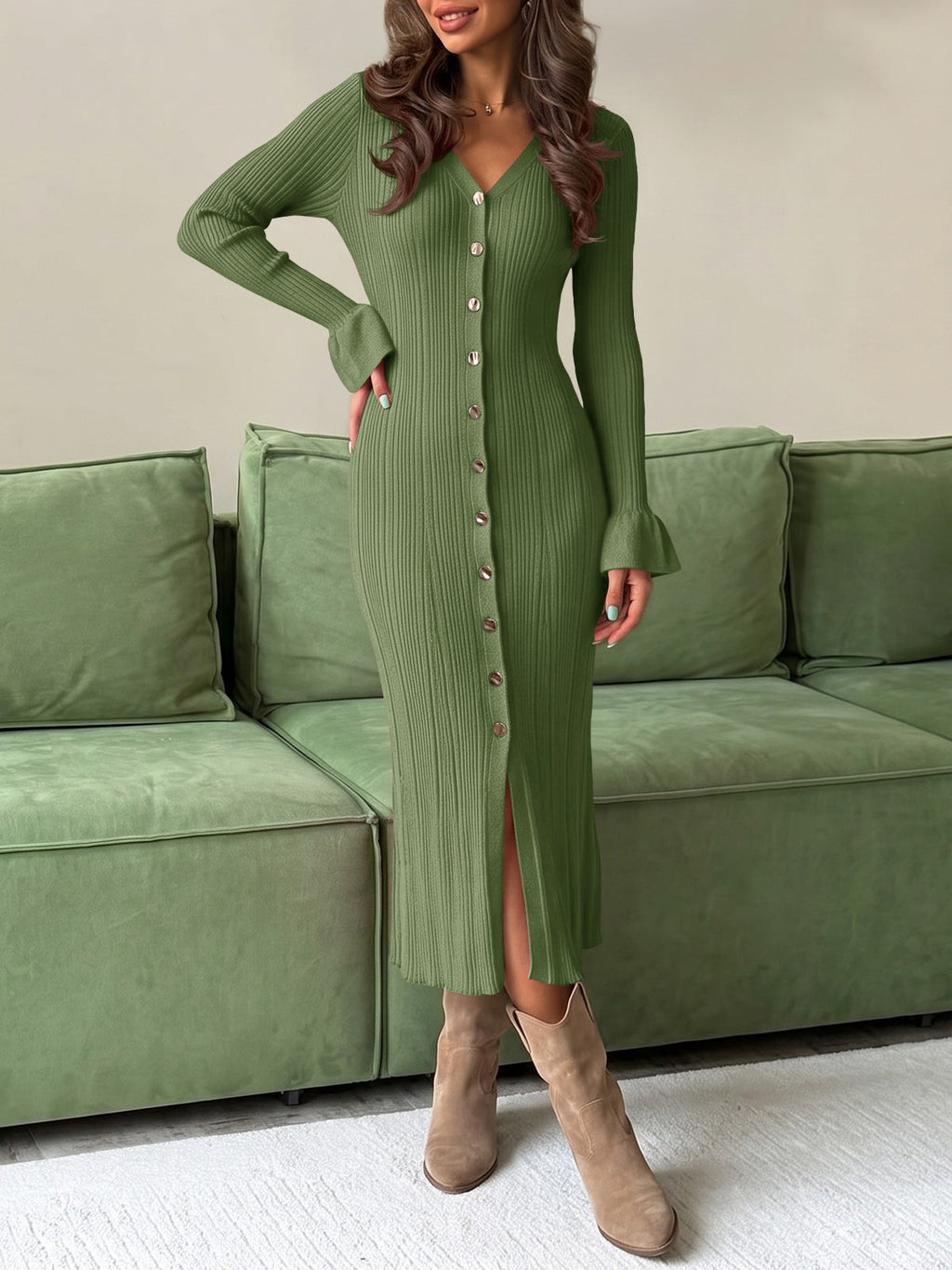 usvara Womens V Neck Midi Sweater Dress