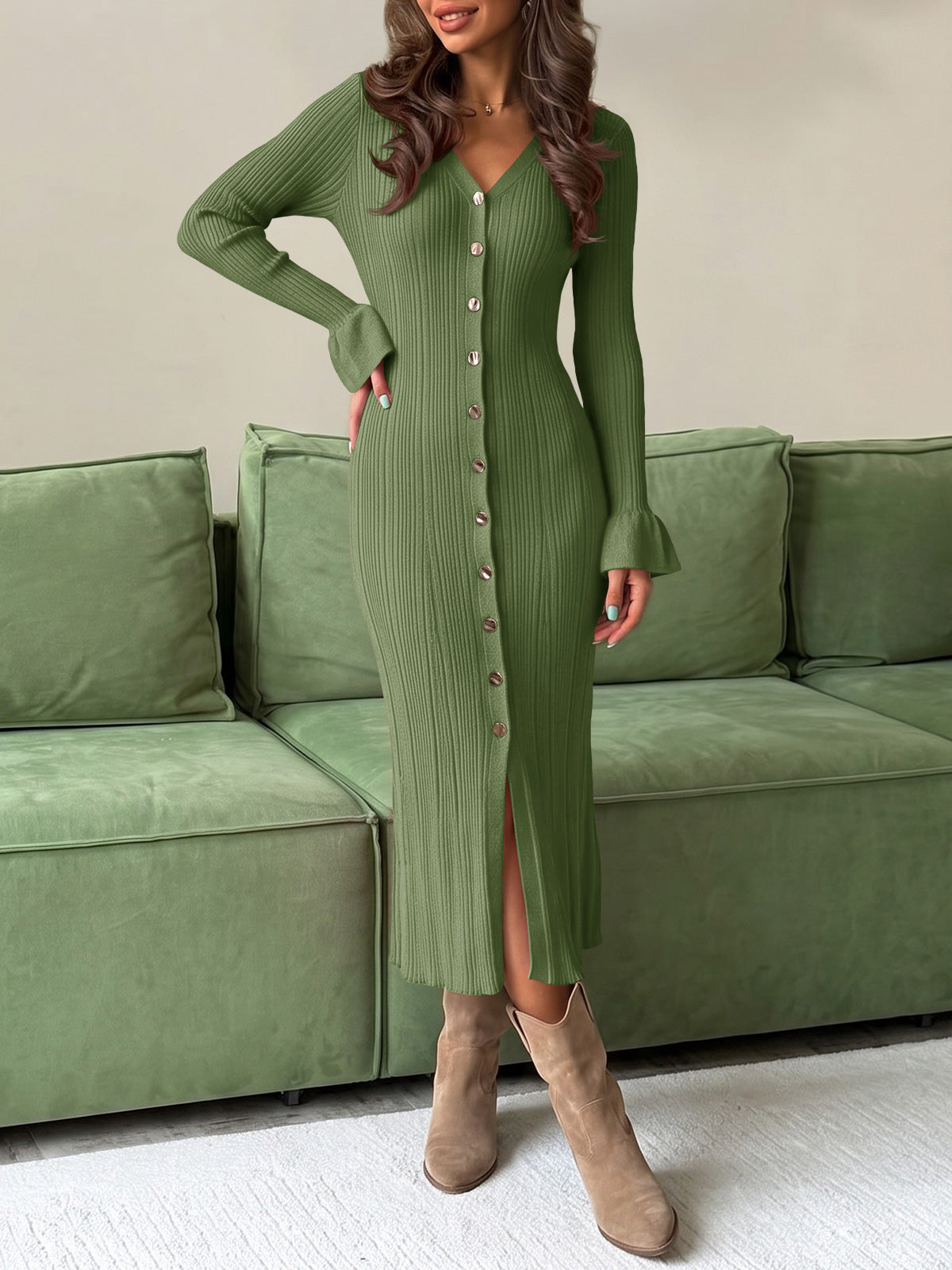 usvara Womens V Neck Midi Sweater Dress