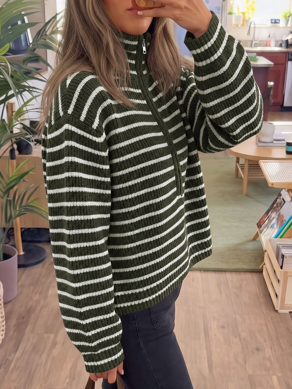 usvara Womens Striped Half Zip Sweater