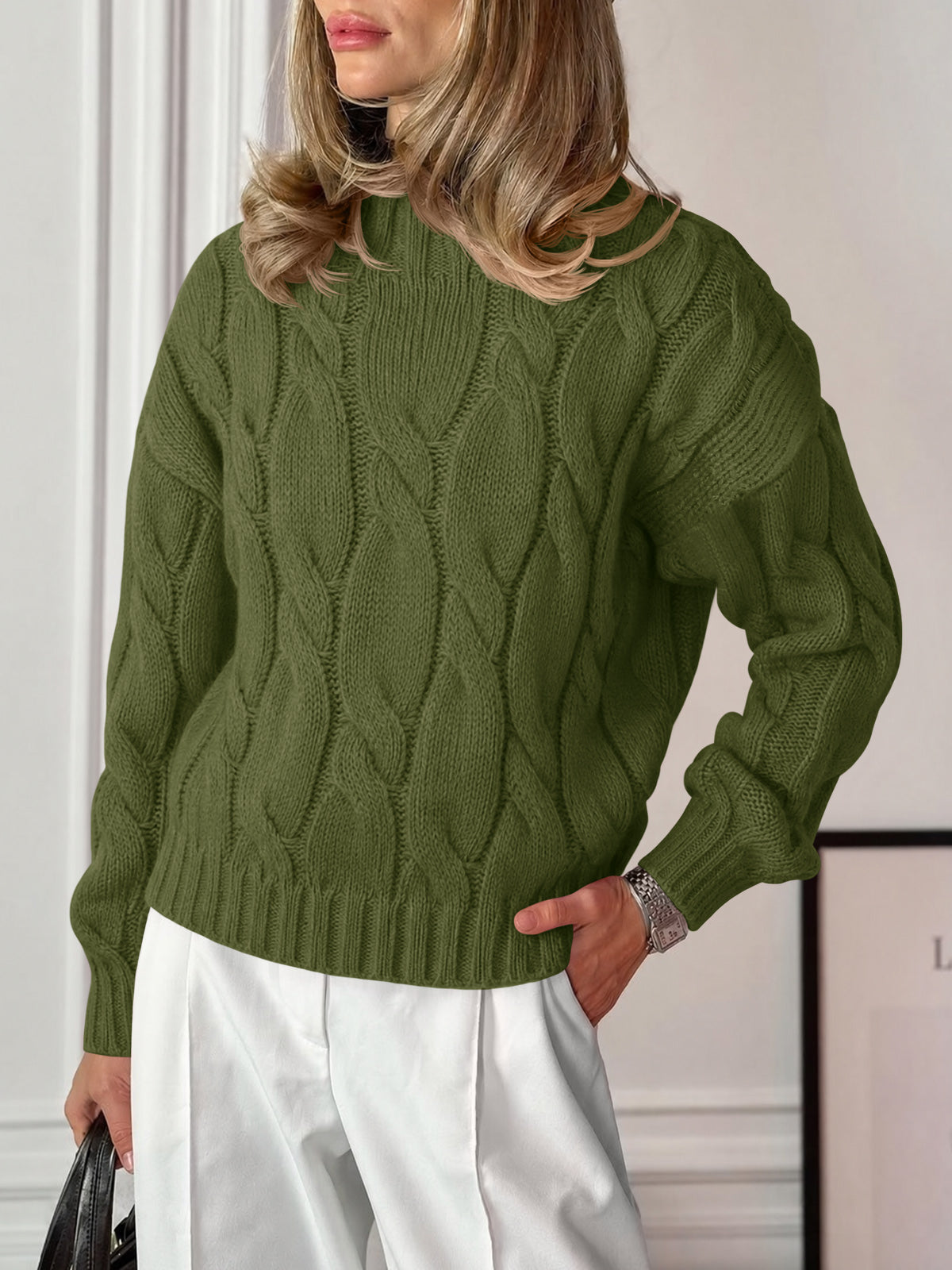 usvara Womens Mock Neck Cable Knit Sweater