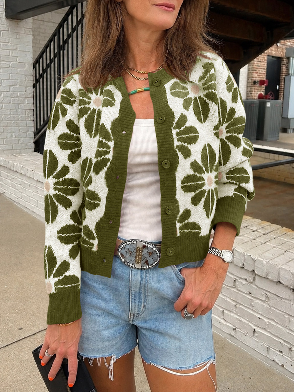 usvara Womens Floral Button Up Vintage Sweater
