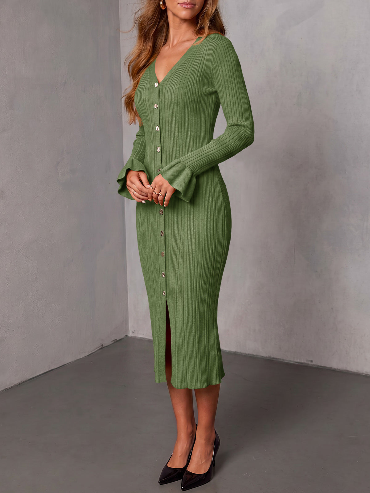 usvara Womens V Neck Midi Sweater Dress