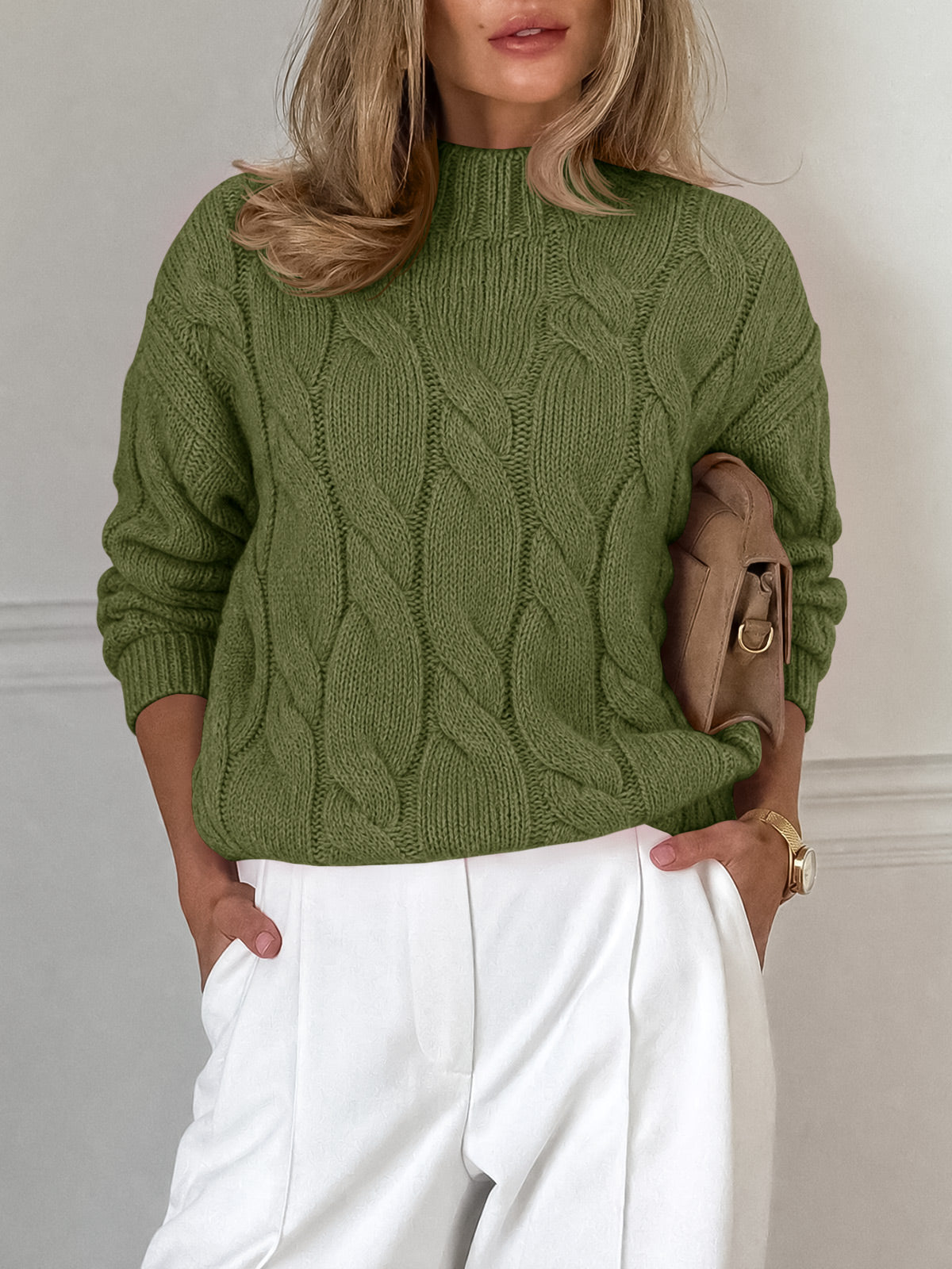 usvara Womens Mock Neck Cable Knit Sweater