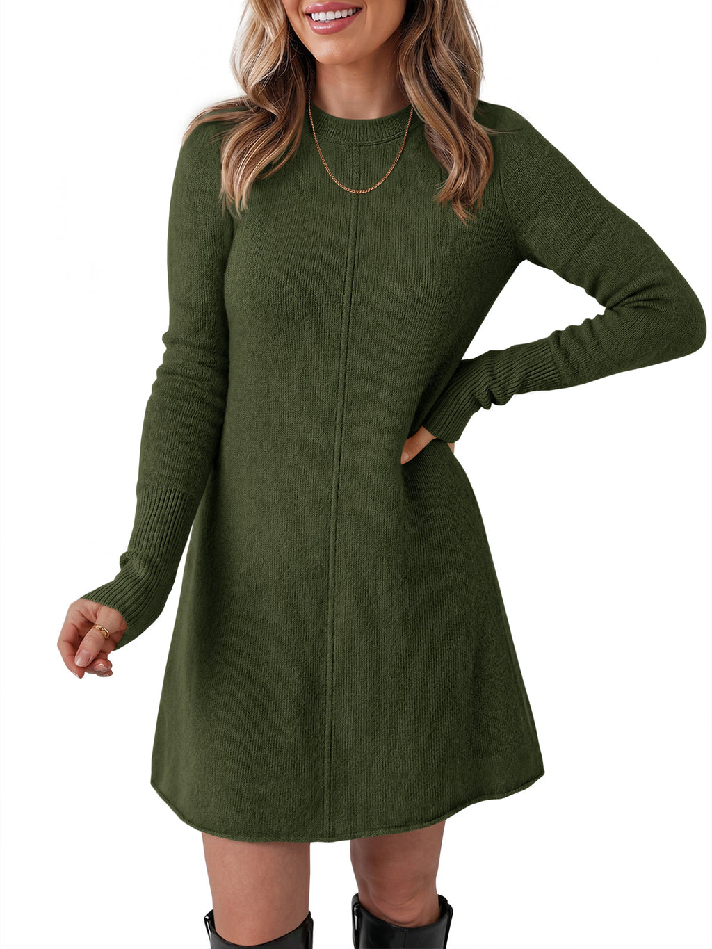 usvara Women Long Sleeve Knit Fit Flare Mini Sweater Dress