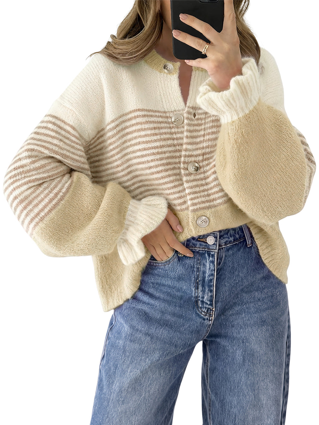 usvara Womens Striped Ruffle Sleeve Cardigan Coats