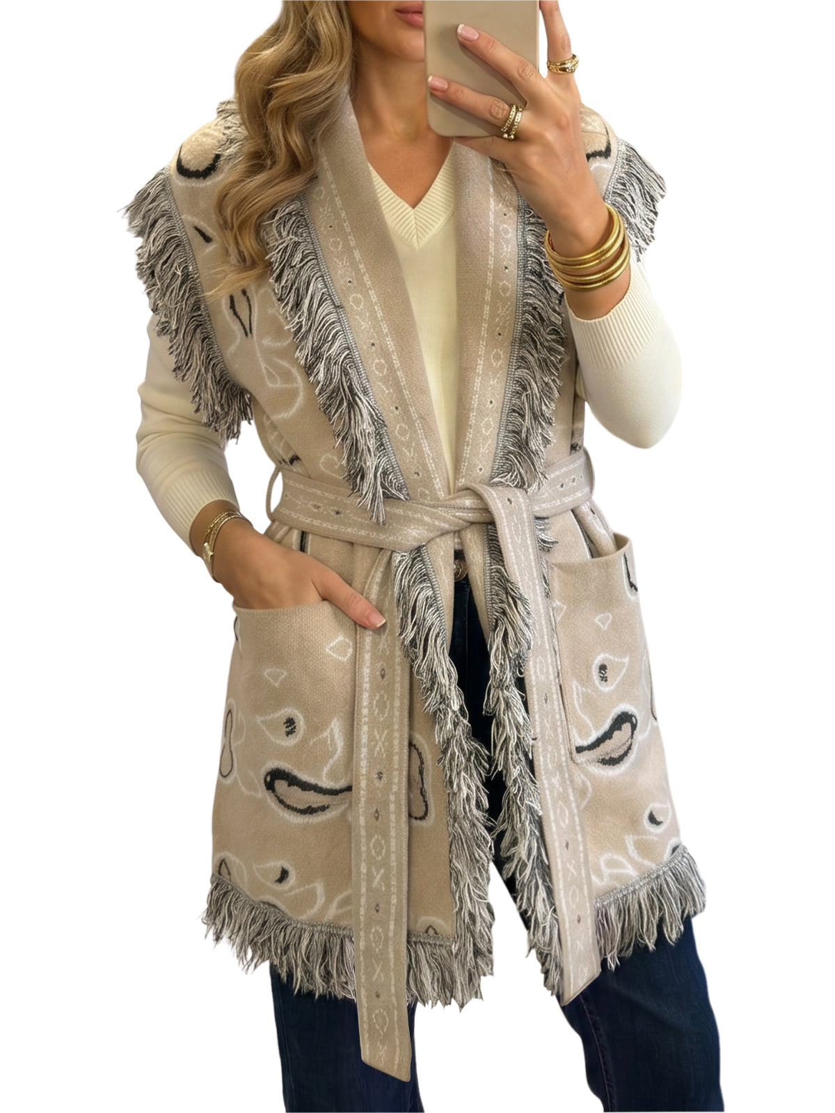 usvara Women Fringe Knit Cardigan