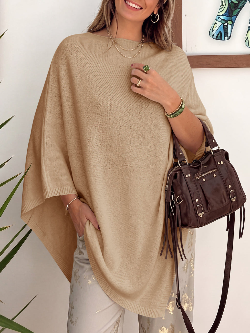 usvara Women Poncho Boat Neck Knit Sweater